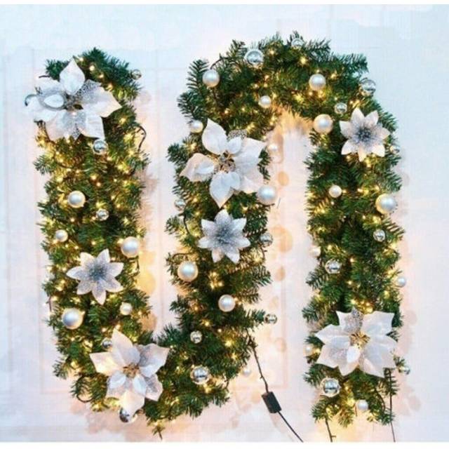 (Silver) LED Lights Up Christmas Garland  Xmas Wreath Fireplace Door Decor