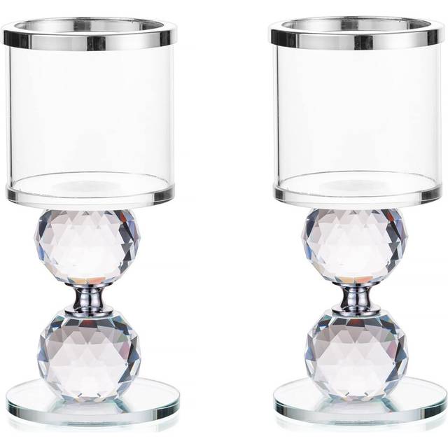 Crystal Glass Pillar Candle Holder Clear Glass Candle Holder with Glass Covers for Table Centerpiece Decoration 15cm