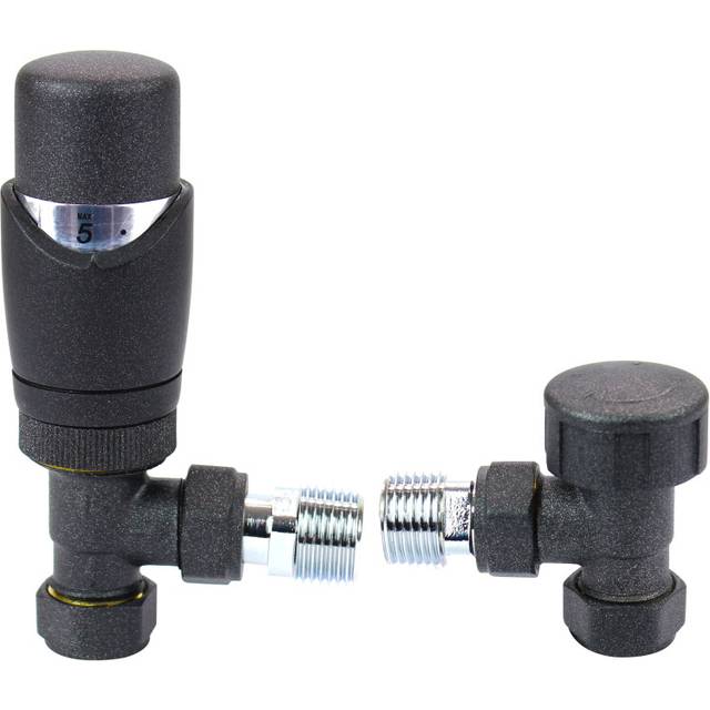 "Thermostatic Radiator Valves Angled ANTHRACITE 15mm x 1/2"" TRV Lockshield"
