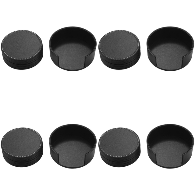 Set of 24 Leather Drink Coasters Round Cup Mat Pad for Use Black