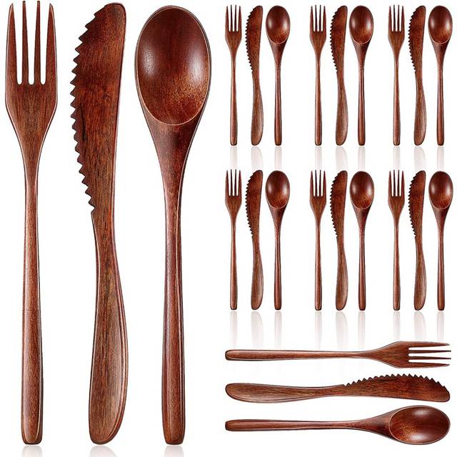 Wooden Spoon Fork Knife Cutlery Set Kitchen Flatware Set (24 Pieces)
