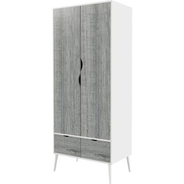 (White Ash Grey) 2 Door 2 Drawer Wardrobe with Scandi Legs Cupboard Hanging Rail 180cm