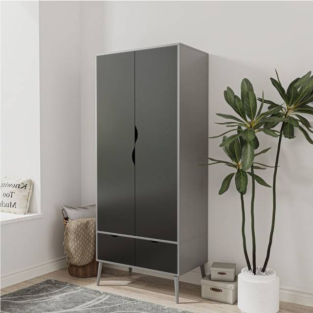 (Grey Black) 2 Door 2 Drawer Wardrobe with Scandi Legs Cupboard Hanging Rail 180cm