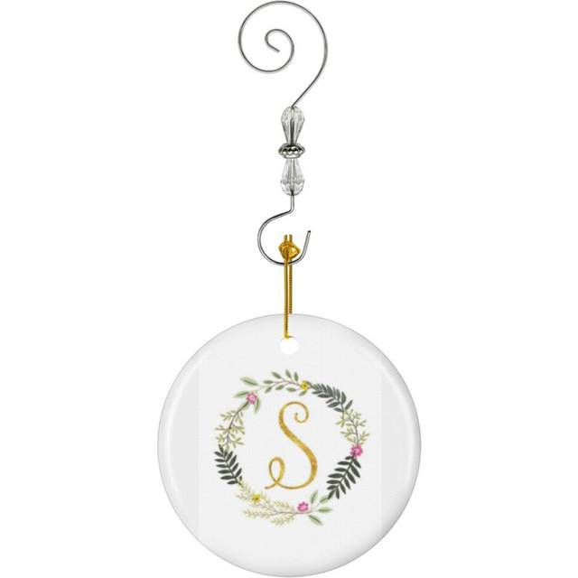 (Floral And Gold Initial Monogram S-2967) Christmas Ornaments Ceramic Charm with Hook Crystal Handmade Xmas Tree Decorations KeepsakeÂStocking Stuffe