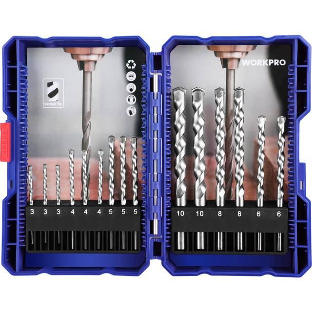 WORKPRO 15 Pieces Masonry Drill Bit Set with Case, Hammer Drill Bit Set, Carbide Tip Drill Bits for Concrete/Glass/Brick/Plastic/Cement/Tile