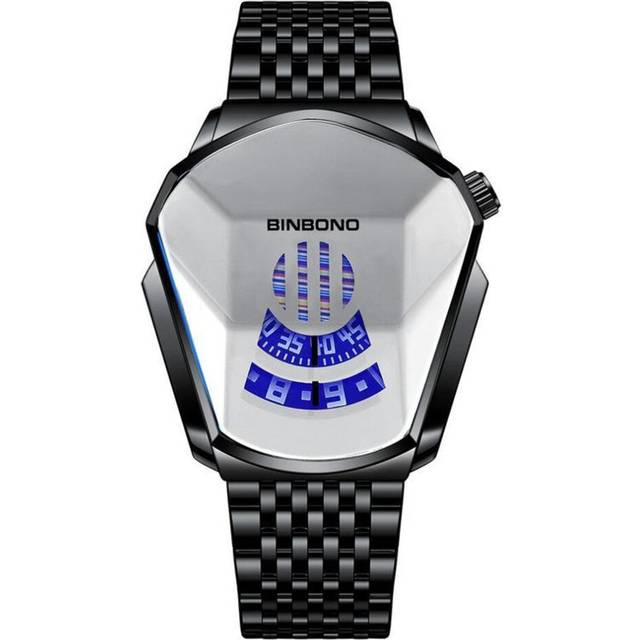 (black,silver, steel band) Fashion Cool Locomotive Mens Watches Top Brand Luxury Quartz Gold Wristwatch Men Waterproof Geometric Shape Clock