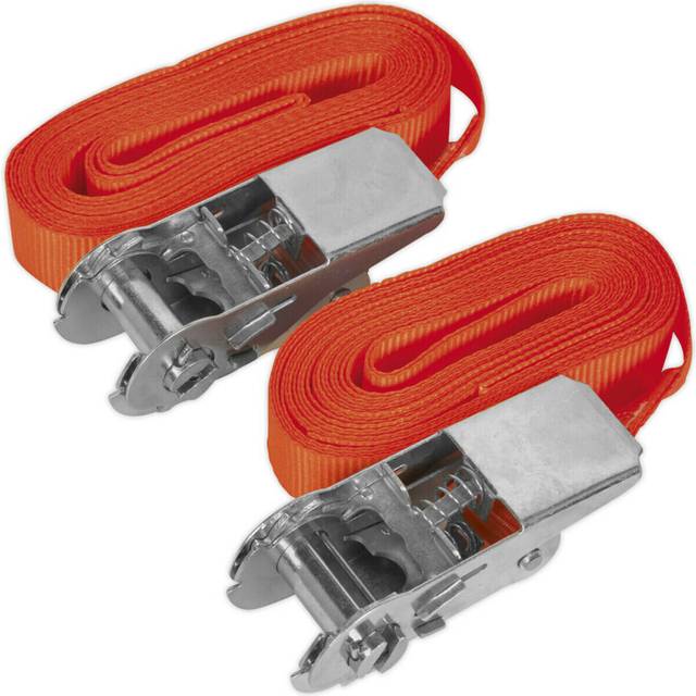 PAIR 25mm x 4.5m 500KG Self Securing Ratchet Tie Down Strap Set - Polyester Web