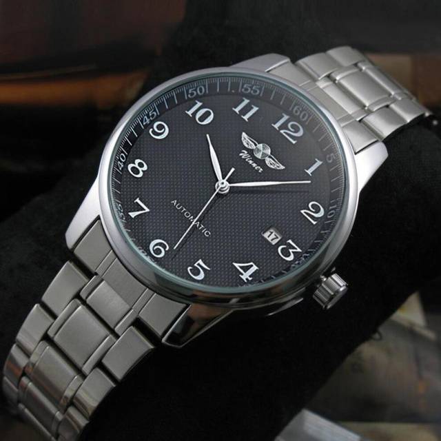 (black) Winner Men&apos;s Fashion Casual Simple Steel Band Fully Automatic Mechanical Watch - Black