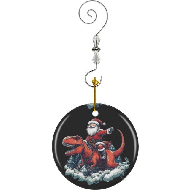 (Funny Christmas Santa Riding Dinosaur X-Mas And T-Rex_1062) Christmas Ornaments Ceramic with Crystal Hook Xmas Handmade Tree Decorations KeepsakeÂGi