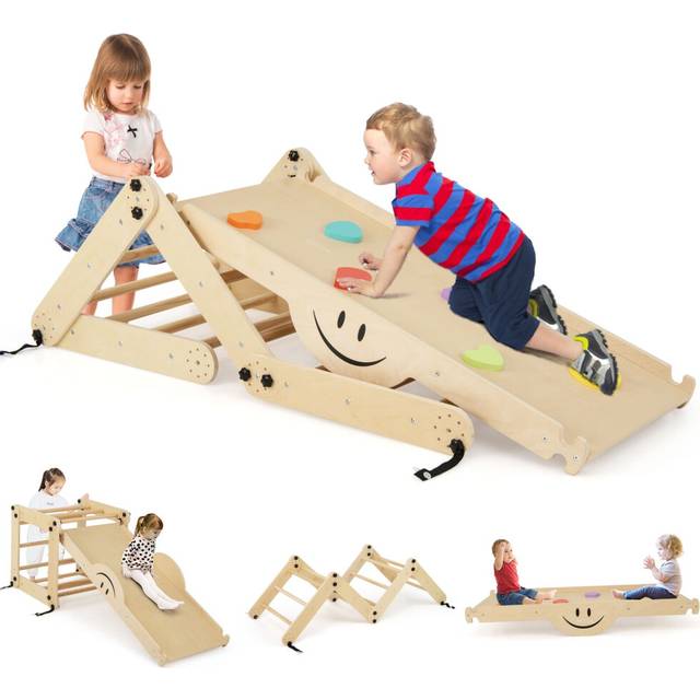 Climbing Set Foldable Wooden Climber Toys With Reversible Ramp Natural
