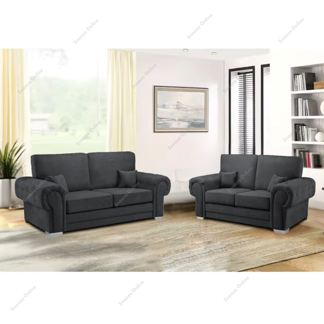 (Black Velvet, Footstool) SNOOZE Online Verona 3 and 2 Seater Sofa Sets, 3 Seater Sofa For Living Room, Upholstered Plush Fabric 3 Seater Velvet Sofas