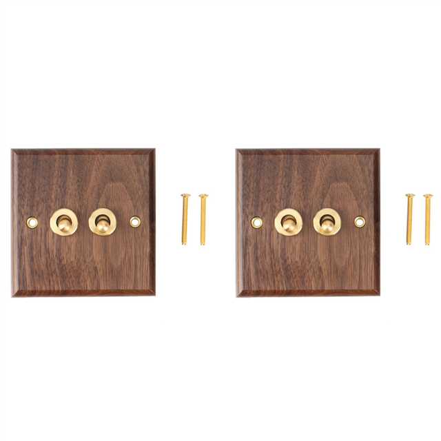 2X Retro American Industrial Style Light Switch Socket,Solid Wood Brass Toggle Plate, Antique Home Stay Switch(2)