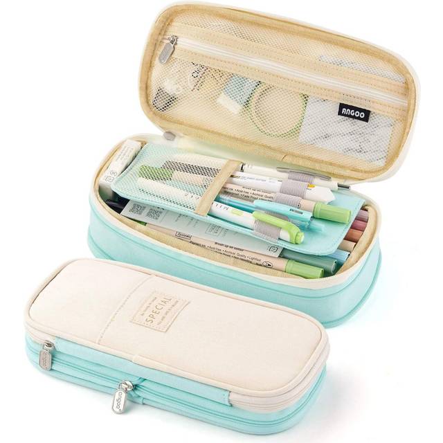 Big Capacity Pencil Pen Case Office College School Large Storage High Capacity Bag Pouch Holder Box Organizer Blue (Cyan+cream)