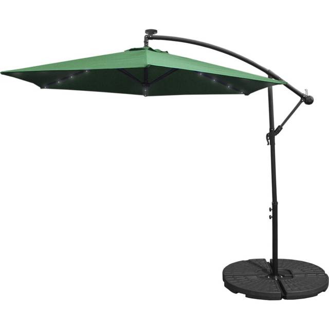 (Green, Fan Base) 3m LED Cantilever Parasol Banana Umbrella Garden