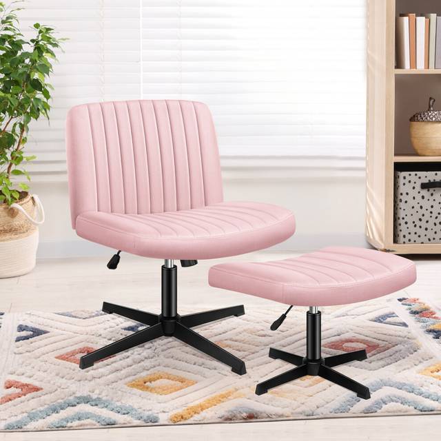 (Velvet - Pink) ELFORDSON Office Chair Computer Executive Cross Legged Accent Seat Work Ottoman