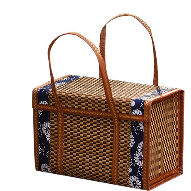 Picnic Woven Basket Wicker Storage Handle Foldable Bamboo Basket B