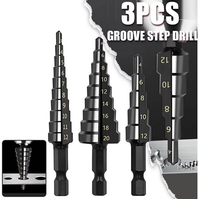 3Pcs HSS Straight Groove Step Drill Bit 3-12mm 4-12mm 4-20mm Nitride Black Hex Wood Metal Hole Cutter Core Drilling Tools Set