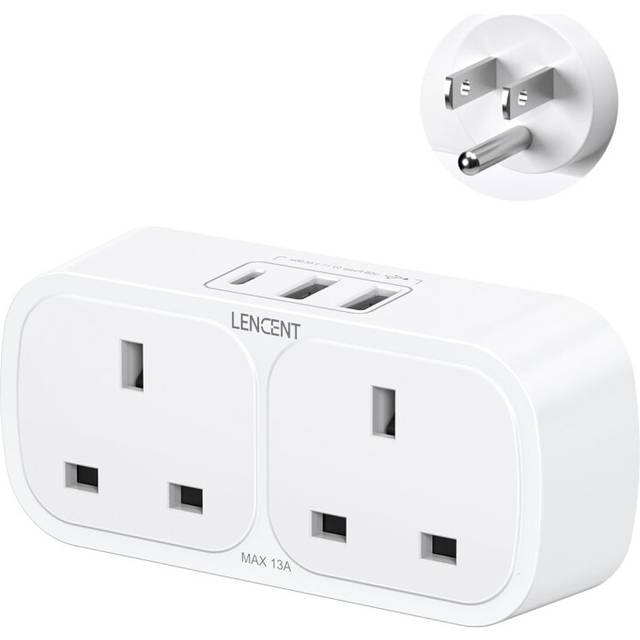 UK to US USA Plug Adaptor with 1 Type C and 2 USB Ports, 2 Way Grounded America Travel Adapter for the United States, Mexico, Canada, Thailand, the