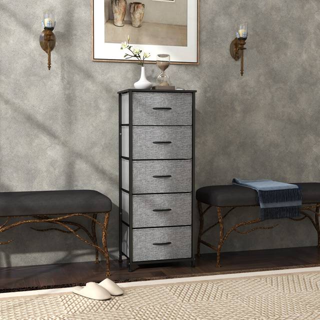 HOMCOM 5 Drawer Fabric Chest of Drawers w/ Wooden Top for Hallway Grey, Grey