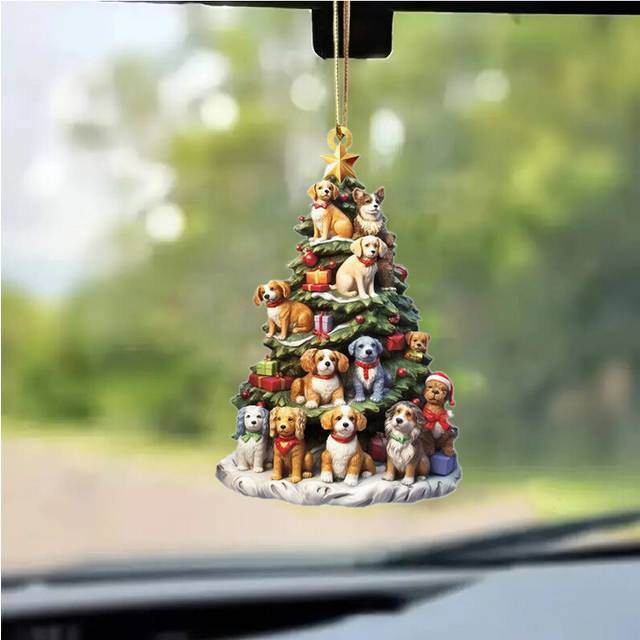 (2, 1pc) Acrylic Christmas Pendant Cartoon Bookshelf Dogs Star Ornaments Xmas Tree Car Rearview Mirror Hangings Decoration New Year Gifts