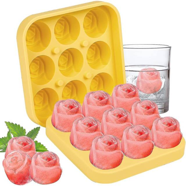 (Yellow, One size) Ice Cube Tray  Silicone Ice Cube Trays With Lid 9 Cavity Rose Flower Shape Ice Cube Moulds For Freezer Baby Food Water Whiskey  Coc