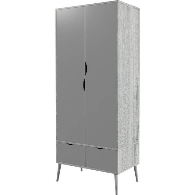 (Ash Grey Grey) 2 Door 2 Drawer Wardrobe with Scandi Legs Cupboard Hanging Rail 180cm