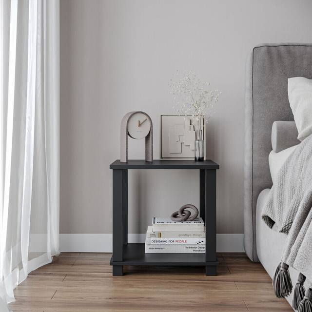 (Black) 2 Tier S-Tube End Table Small Wood Bedside Nightstand With Storage Shelf