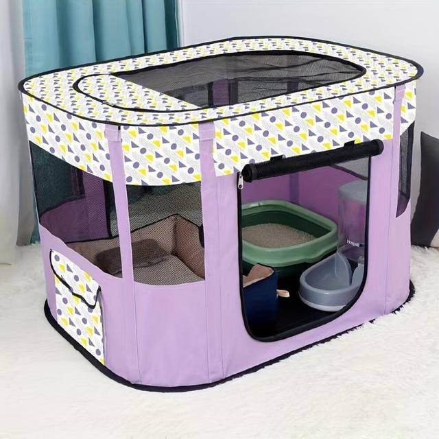 (purple, L) Foldable Cat Delivery Room Enclosure-polyester Fiber Pet Tent For Cats With Carrying Bag-spacious And Comfortable Cage Fence For Nursing A