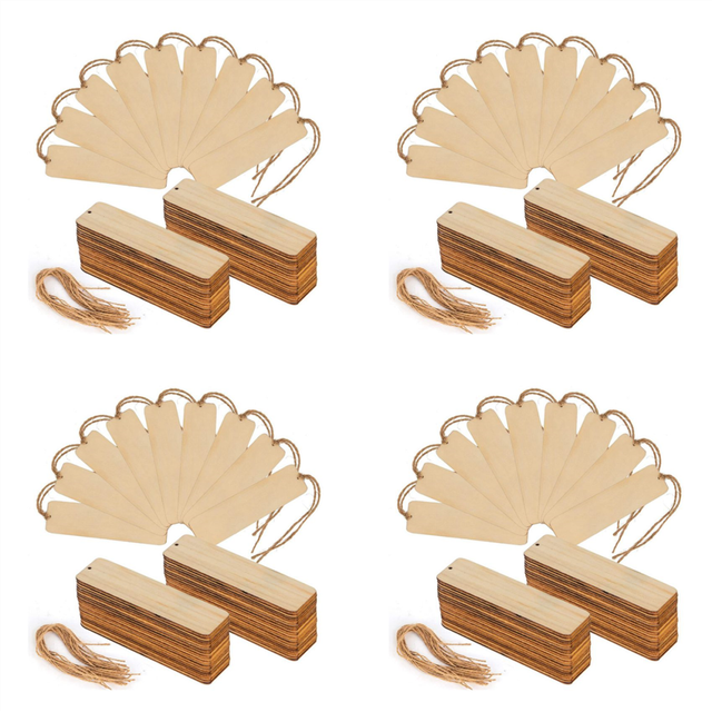 200 PCS Wood Blank Bookmarks Unfinished Wooden Book Marks Hanging Tag with Holes and Ropes DIY Craft Projects