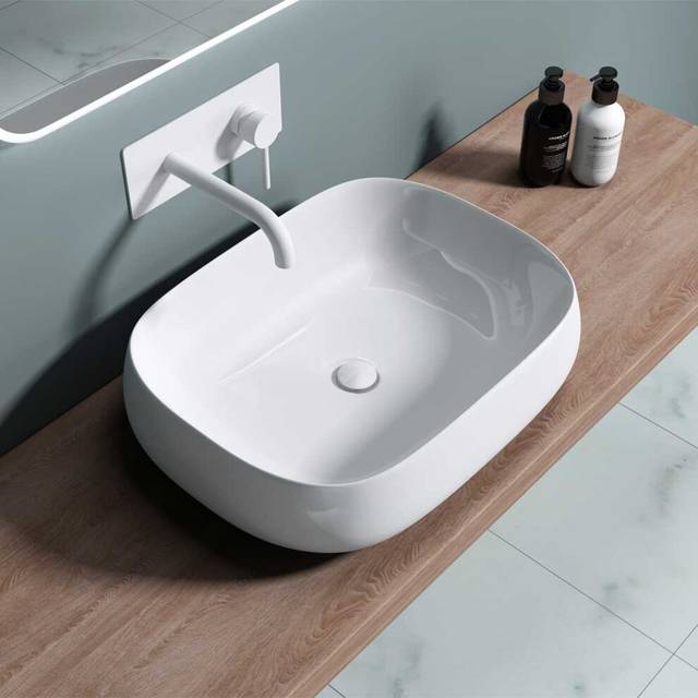 Durovin Bathrooms Ceramic Bathroom Basin - Countertop Sink Vessel - Rectangular Washing Bowl Curved Wall (560 x 440 x 155mm)