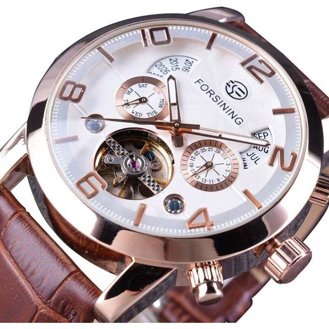 (brown) Forsining Men's Luxury Tourbillon Automatic Mechanical Watch Wave Designdate Display Luminous Hands Water Resistant Fashionable Wrist Wat - Brown