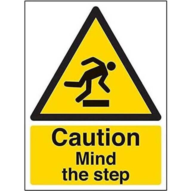 VSafety Caution Mind The Step Sign - Portrait - 150mm x 200mm - Self Adhesive Vinyl