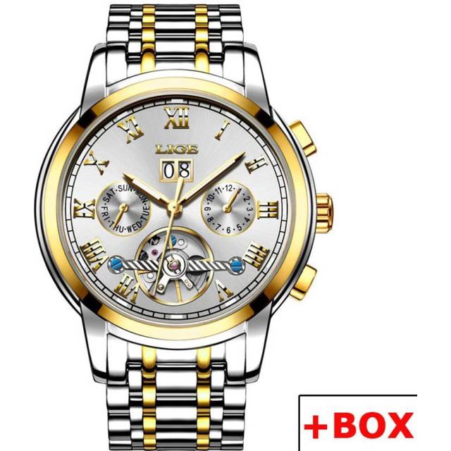 (Gold White) LIGE New Mechanical Men Watches Top Brand Luxury Business Watch Tourbillon Automatic Clock Waterproof Watches