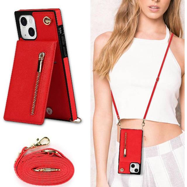 (Red) Case for iphone 14 Plus Long Strap Zipper Holder Shockproof Wallet