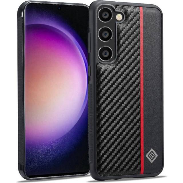 (Black) Case for Samsung Galaxy S24 Fe High Quality Clipless 2-in-1 Bottom Shell Microfibre Lining Inside Aluminium Metal Logo with Red Vertical Strip