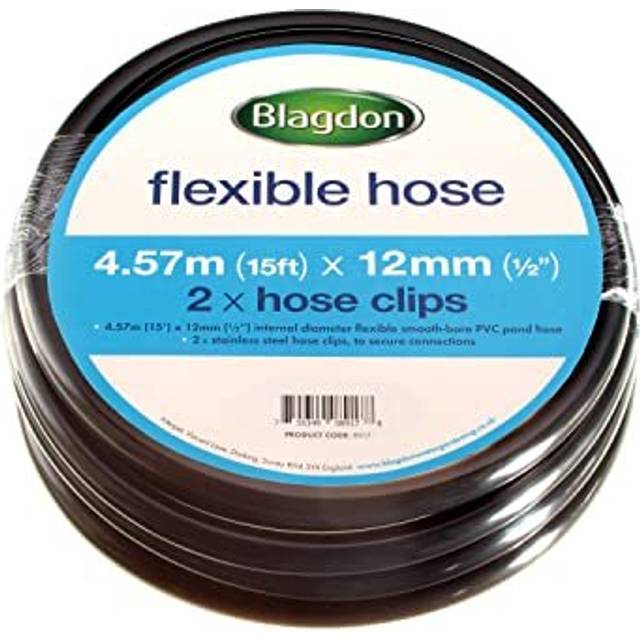 "Flexible Reinforced Pond Tubing, 4.57m (15ft) x 12mm (1/2"") Internal Diameter, Smooth-bore PVC Pond Tubing, Includes 2 stainless steel Hose Clamps,"