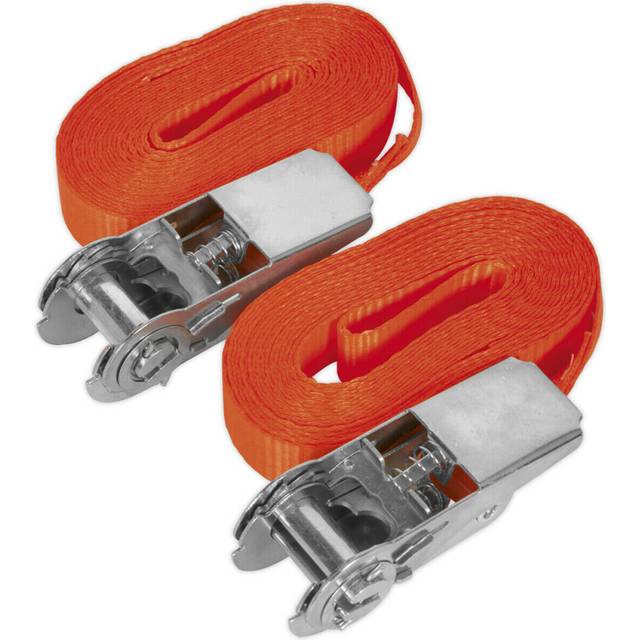 PAIR 25mm x 4.5m 800KG Self Securing Ratchet Tie Down Strap Set - Polyester Web