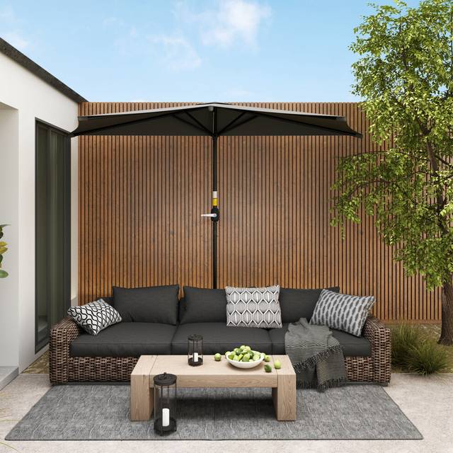 Outsunny 3(m) Half Round Parasol Garden Sun Umbrella w/ Crank Dark Grey | TJ Hughes