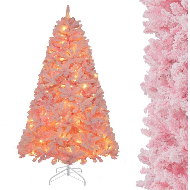6 FT Flocked Artificial Xmas Tree Hinged Christmas Tree-Pink