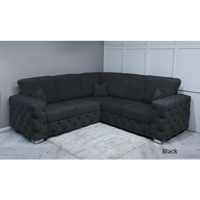 (Black Velvet, Footstool) SNOOZE Velvet Ashton Full Back 5 Seater Corner Sofa Sets Upholstered Plush Fabric Sofa Handmade UK