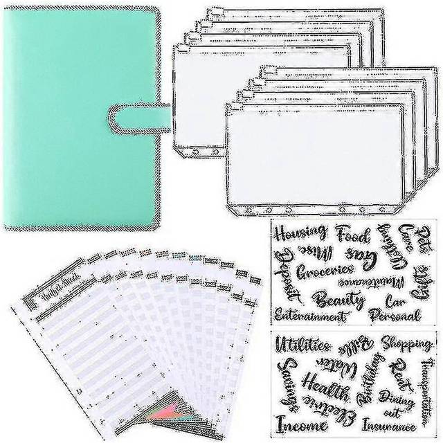 (Green, One size) A6 Binder Budget Planner Notebook Covers Folder Size 6 Hole Pockets Plastic Zipper Money Saving Envelope