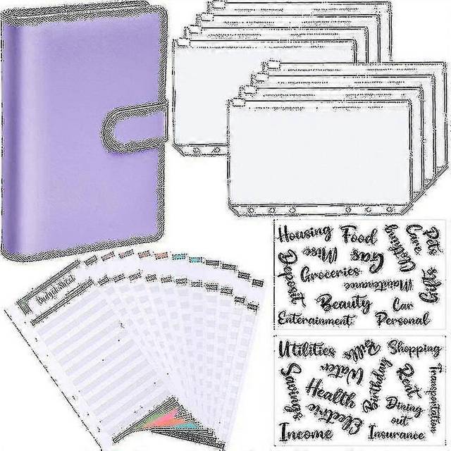 (Purple, One size) A6 Binder Budget Planner Notebook Covers Folder Size 6 Hole Pockets Plastic Zipper Money Saving Envelope