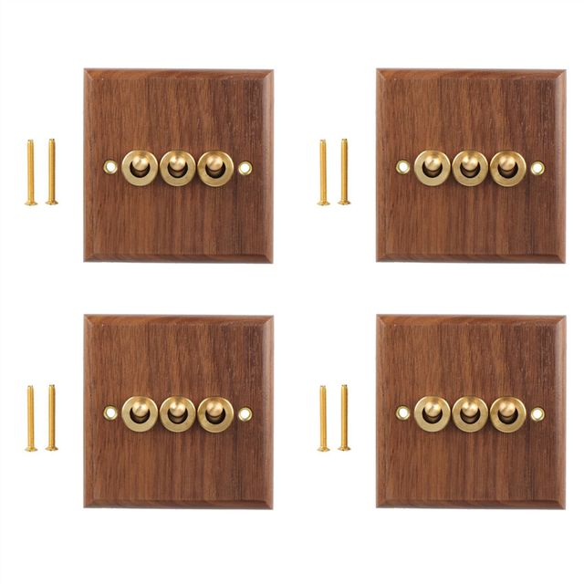 4X Retro American Industrial Style Light Switch Socket,Solid Wood Brass Toggle Plate, Antique Home Stay Switch(3)