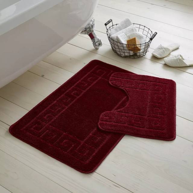 (Burgundy) JACQUARD GREEK STYLE BATH MAT PEDESTAL SET NON SLIP TOILET BATHROOM RUGS 2 PIECE