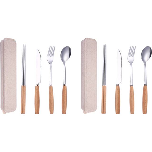 Portable Utensils Set with Case-8 Pieces Wood Handle Reusable Flatware Set Fork Spoon Stainless Steel with Carry