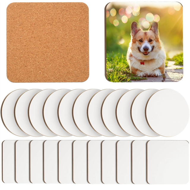 24 Pcs Sublimation Coasters 4 X 4Inch Hardboard Coaster Cork and MDF Blank Car (Round,Square)