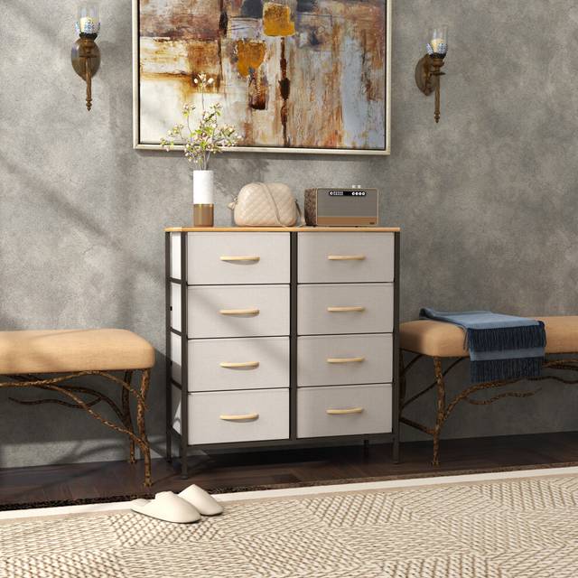HOMCOM 8 Drawer Fabric Chest of Drawers w/ Wooden Top for Hallway Cream, Cream