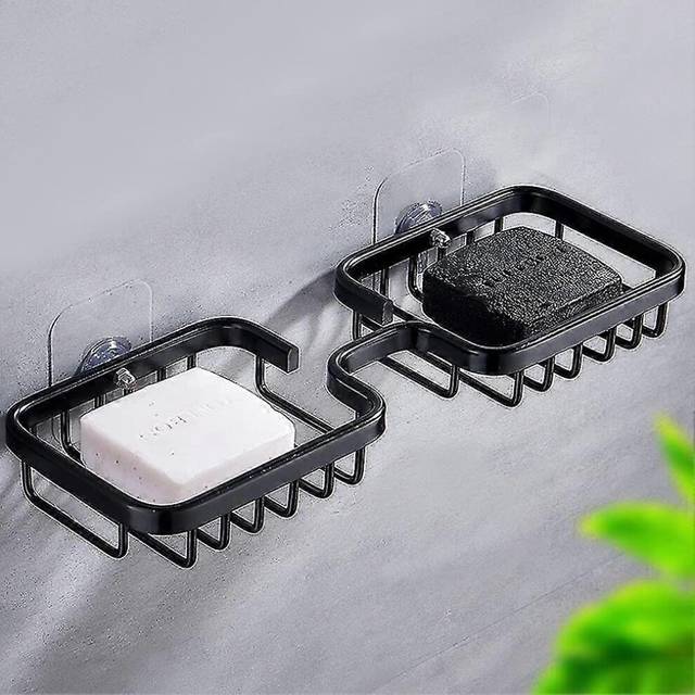 (As show, One size) Soap Dish, Double Bar Soap Dish, Self Adhesive Shower Soap Holder Bathroom Soap Dish, Aerospace Aluminum Soap Sponge Holder (black