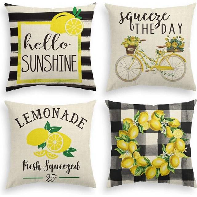 Hello Sunshine Throw Pillow Cover, Lemon Wreath Bicycle Squeeze the Day Cushion Case for Sofa Couch