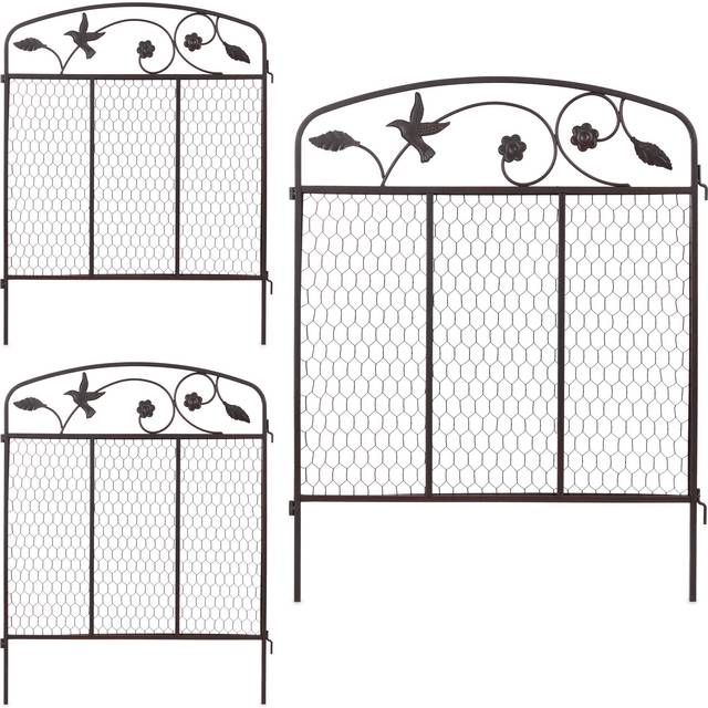 Relaxdays Beeteinfassung zum Stecken, 3 Zaunelemente je HxB: 79 x 63 cm, Metall, Beetzaun mit Verzierung, Dunkelbraun